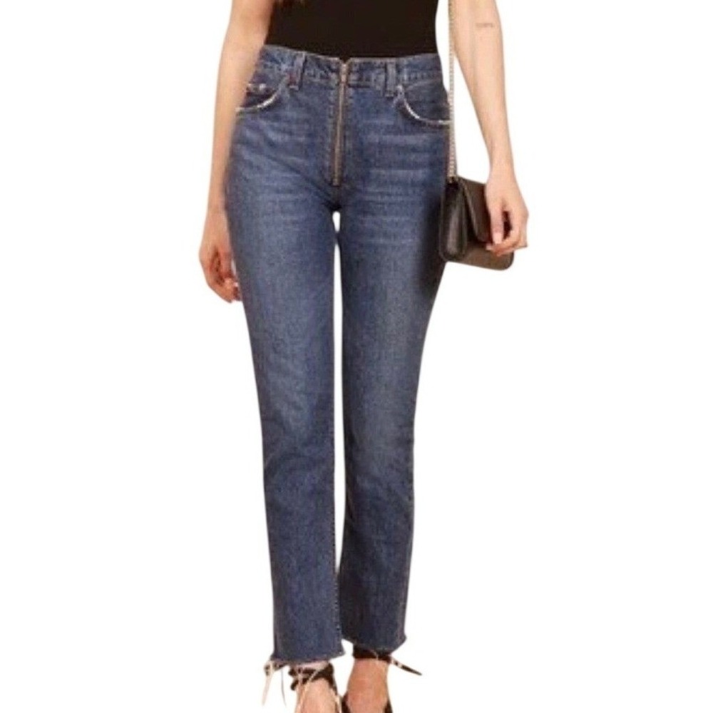 Reformation Brooke Zip Jean Glacier High Rise‎ Straight Leg Size 28 Exposed Zip